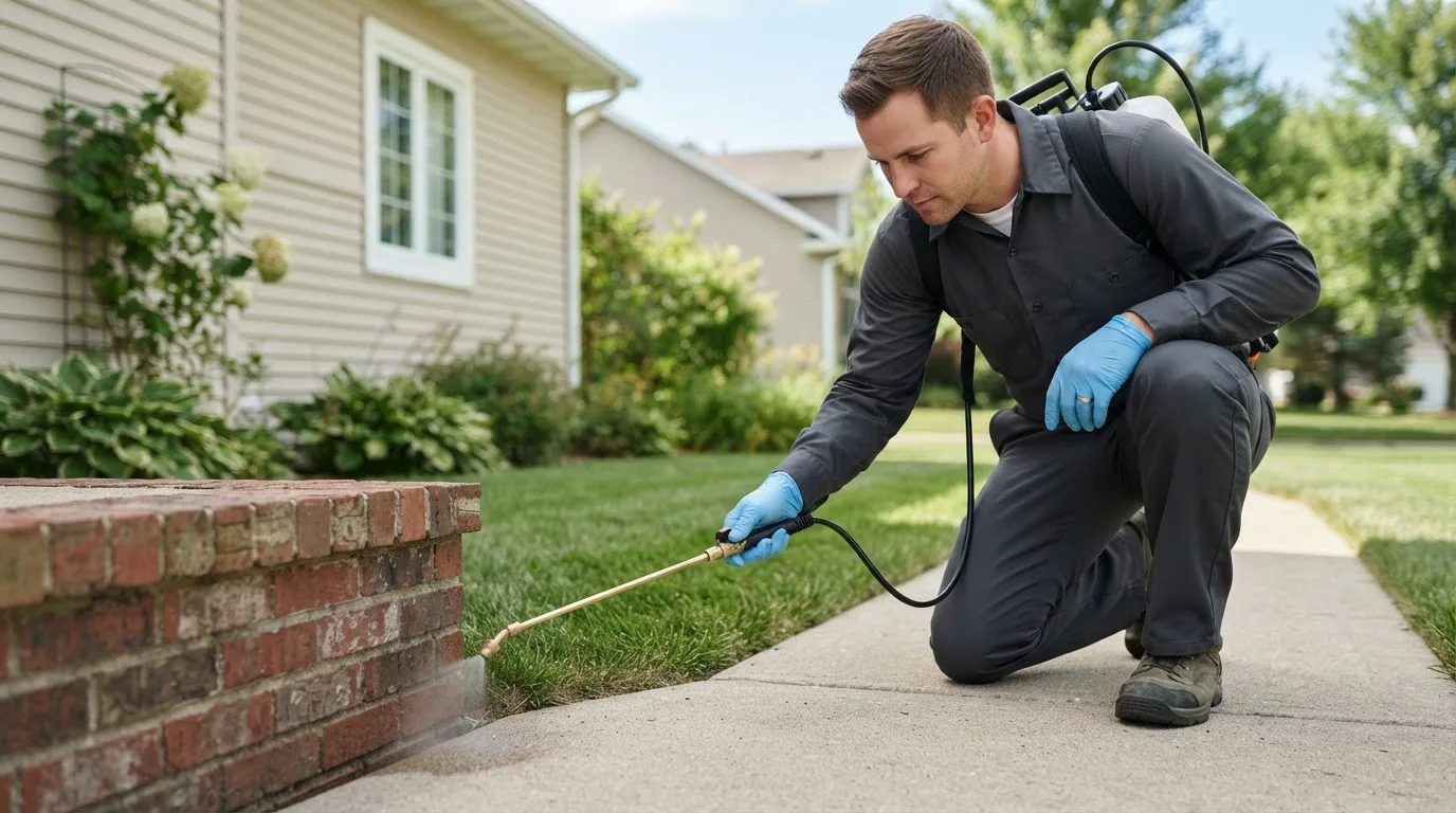 Pest control technician treating a home near Andover, IA