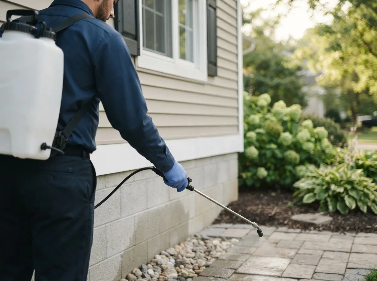 Pest control technician inspecting a home in Andover, IA